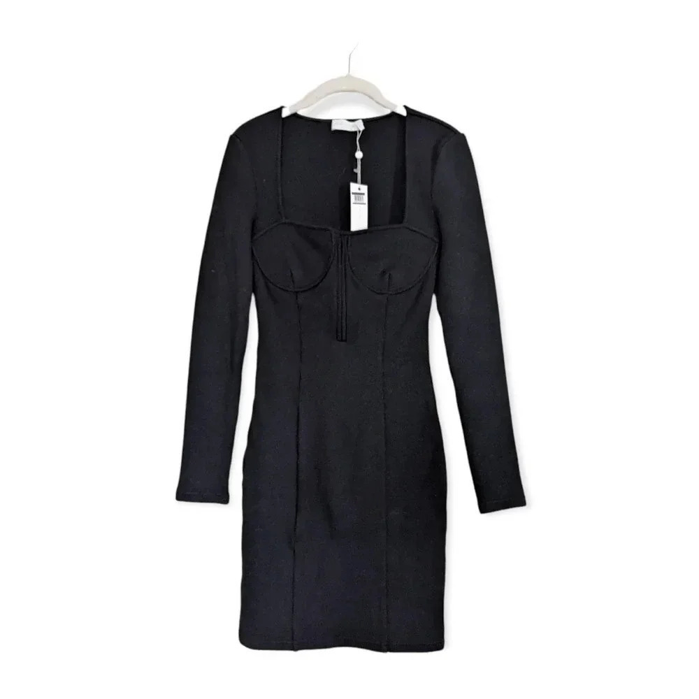 Jonathan Simkhai Cocktail Mini Dress Black Bustier Corset Long Sleeves LBD